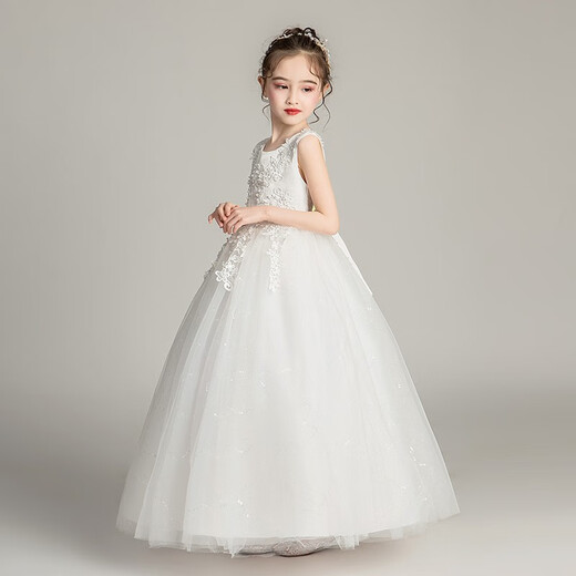 Dev Ake Kinderkleid Girl Prinzessin Rock Moderatorin High-End Piano Performance Evening Kleid Little Girl Hochzeit Sommer Big Boy BX683 Langhändler weiße 160 (Empfohlen 71-85 Jin [Jin gleich 0,5 kg])