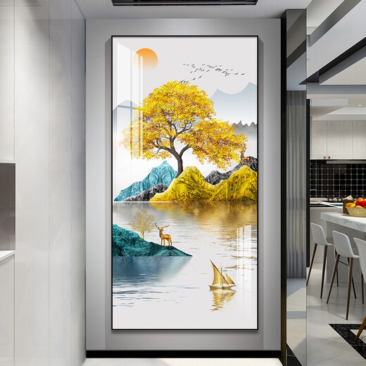 Sixpoetry entrance hall decorative painting modern minimalist entrance corridor background wall mural high-end painting hanging at the end of the aisle opposite the door Fulu Golden Tree (aluminum alloy frame) 80*160cm art crystal porcelain painting (bright surface)