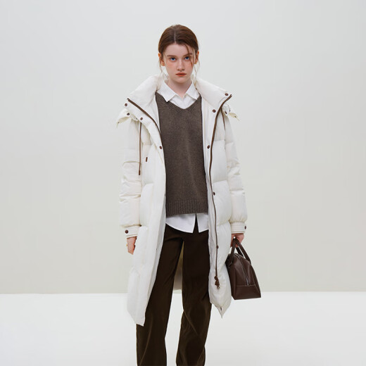 Fan Silan 23FS14135 Korean version stand collar hooded drawstring design long down jacket commuter down jacket white XXS