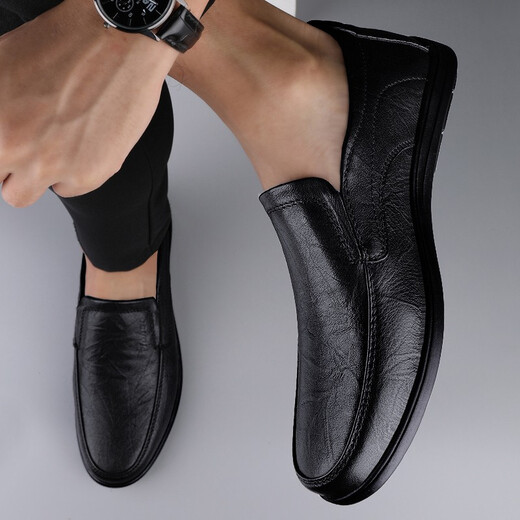 CLOHOO leather shoes men's spring and autumn genuine leather business casual breathable comfortable shoes men's formal shoes lazy beanie driving shoes black four seasons 42