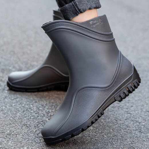 Xili rain boots men's mid-calf fashionable Korean style adult plus velvet warm kitchen shoes non-slip wear-resistant outdoor fishing car wash takeaway rain boots construction site waterproof rubber shoes overshoes winter gray surface black bottom 42 plus velvet please order one size larger