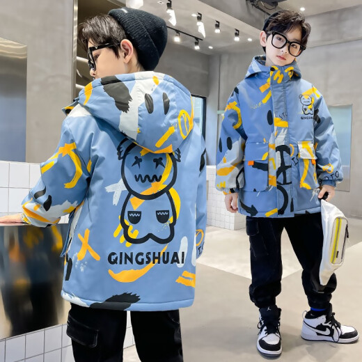 Children's clothing, boys' coats, mid-length girls' coats, autumn and winter styles, velvet thickening, 2021 winter new style, medium and large children's coats, Korean style fashionable cardigans, trendy royal blue size 160 (recommended height 150CM)