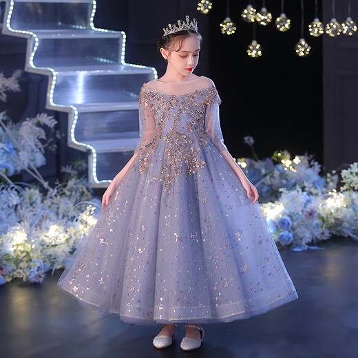 Little Kayi Vestido grueso para niños Falda de princesa anfitrión de niñas de alta gama ropa de reproducción de piano de manga larga Niños de boda de boda otoño 1591 gris y azul largo (manga central) D1 130