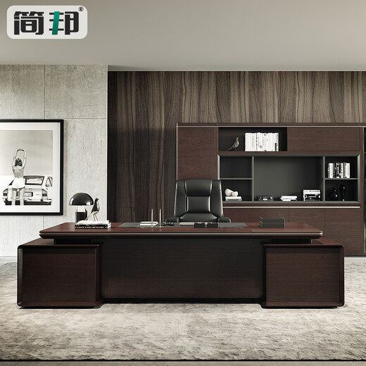 Jianbang High-end Chairman's Office Boss Desk Desk New Chinese Style President Luxurious and Attractive Solid Wood Veneer Executive Desk 2.4-meter President Desk (right side cabinet)