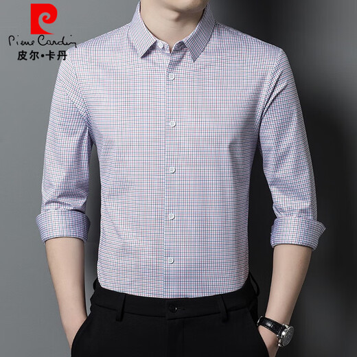 皮尔卡丹（pierre cardin）重磅桑蚕丝男士长袖衬衫中年休闲高端商务免烫格子衬衣男 9901红格衬衫 M 建议95-120斤