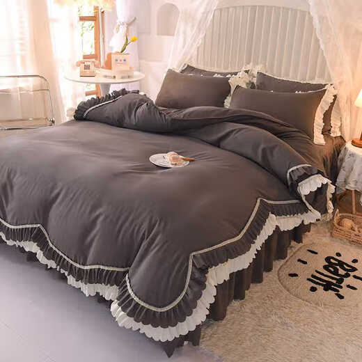 Pure Pure Pure Double Lapus Lace Lace Fucle Counta Falda de cuatro piezas Estilo Estilo de princesa Pure Cotton Girl's Heart Naked Sleeping Anti-Slip Hermosa Capacal de edredones negros Class