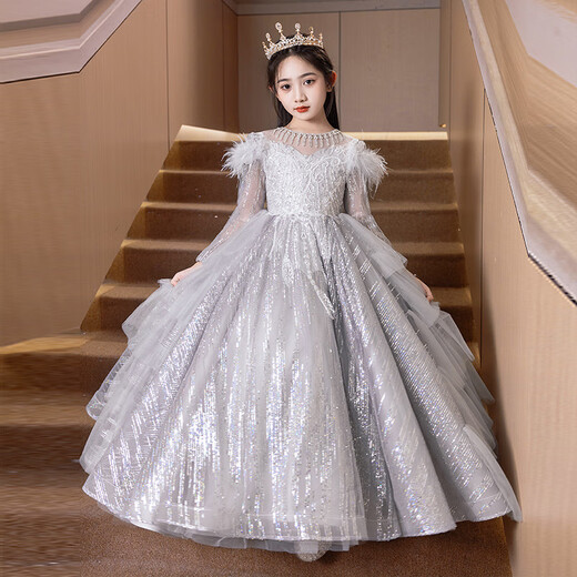 Stoffkatze Mädchen Kleid im Herbst und Winter Sinn für Kinder Abend Langarm Herbst und Winter Blumen Mädchen garnieren Rock kleine Mädchen Geburtstag Prinzessin Klavier Silber 150 cm