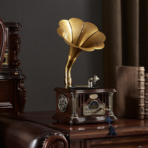 Otieno Antique Vinyl Phonograph Decoration Mini Charging Bluetooth Speaker Retro Birthday Gift Home Ornament Walnut Color Plug-in Rechargeable Free Music USB Disk