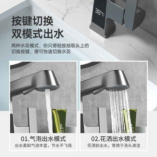 RTO fine copper basin faucet pull-out 360 rotating faucet bathroom basin faucet hot and cold dual-use faucet gray TLS5012 hot and cold digital display lifting pull-out nationwide joint warranty