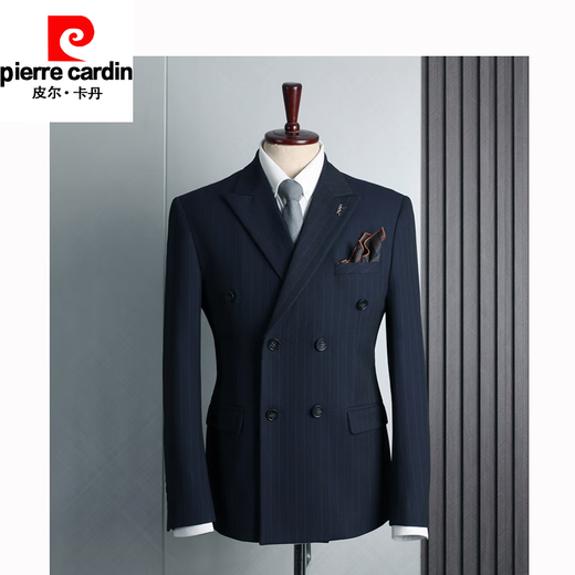 Pierre Cardin light luxury high-end brand men's clothing groom's suit striped double-breasted suit men's British retro business casual formal wedding dress suit versatile new knitted black single top 48/M