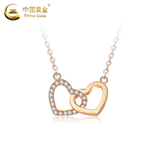CHINA GOLD 18K gold love pendant double ring heart-shaped rose gold necklace Valentine's Day birthday gift for girlfriend and wife 18k gold necklace about 1.3g brand gift box