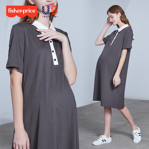 Fisher-Price (Fisher-Price) American Fisher's new summer pure cotton POLO collar dress with mid-length loose top lapel maternity dress dark gray dress L[120-140Jin[Jin equals 0.5 kg] suitable for wearing]