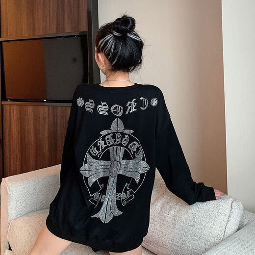Shangjianfen women's niche 2025 spring and autumn new ins trendy brand hot diamond sweatshirt for women European and American heavy industry Sanskrit cross loose cross hot diamond sweatshirt - black high quality thin section XXS recommended 10Jin Jin equal to 0.5 kg or less