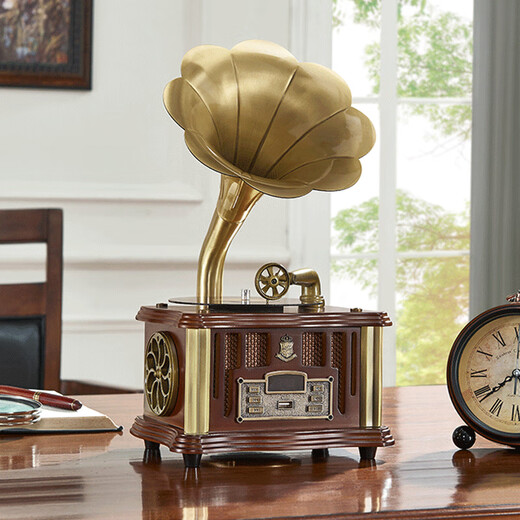 Los Bella Home Retro Phonograph European Living Room Solid Wood Antique Record Player Ornament Model Bluetooth Audio American Simulation Vinyl Record Player Classical Model 1901-American Walnut Rechargeable Model