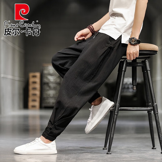 皮尔卡丹（pierre cardin）亚麻九分裤男夏季薄款冰丝休闲裤中国风棉麻男裤宽松束脚运动长裤 藏青色 L115-135斤