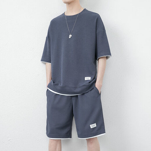 
Hair funny clothes for men in summer waffle ice silk short-sleeved T-shirt for men in sports fake two-piece short-sleeved casual suit men's clothing set with handsome half-sleeved solid color gray apricot color (X3880 set) xs 30Jin[Jin equals 0.5 kg]