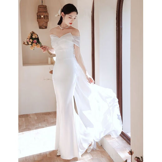 ZHIDOUDOU鱼尾婚纱 小个子法式晚礼服轻婚纱领证一字肩连衣裙高端宴会 白色 XS