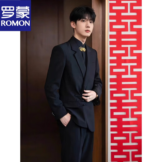 ROMON high-end new Chinese style Zhongshan suit jacket for men engaged groom wedding Chinese style suit dress Tang suit black two-piece suit jacket + pants XL