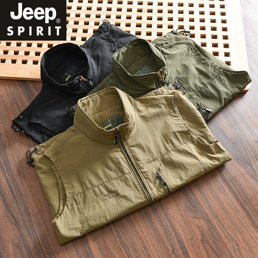Jeep Spirit Outdoor Multi-Función Vest Menores de verano 2025 Summer delgado transpirable resistente al agua Collar Chaqueta de chaleco casual Summer Khaki verde L