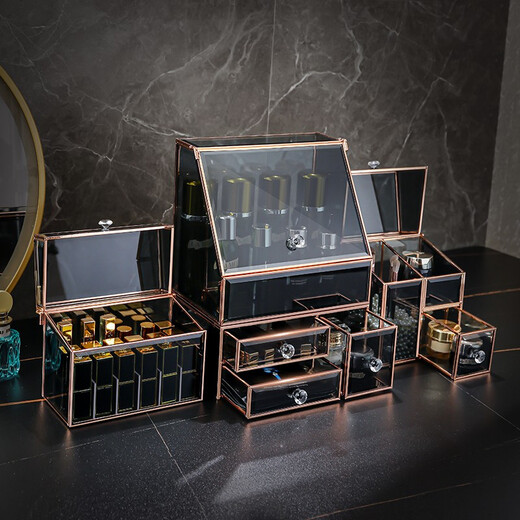 KAMAN Glass Cosmetics Storage Box Light Luxury Dustproof Desktop Dressing Table Skin Care Product Storage Rack 520 Gift for Wife Gilt Set of Two Dustproof Top + Three Drawers