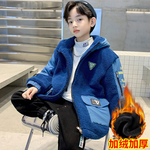 Mingsenbei children's clothing boys' velvet thickened coat autumn and winter 2022 new children's woolen sweater medium and large children's fashion Korean version 8 boys handsome 9 casual warm coat trendy blue 150 (height about 145cm)