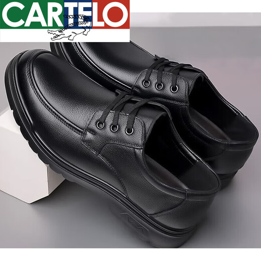 Cartelo High-End-Männerschuhe echte Leder-Leder-Lederschuhe Herren und Samt Baumwollschuhe Herrenboden Weiche Bodschicht Cowhide mittlere und ältere Vaters Schuhe Schwarz Viersaison 6627 38
