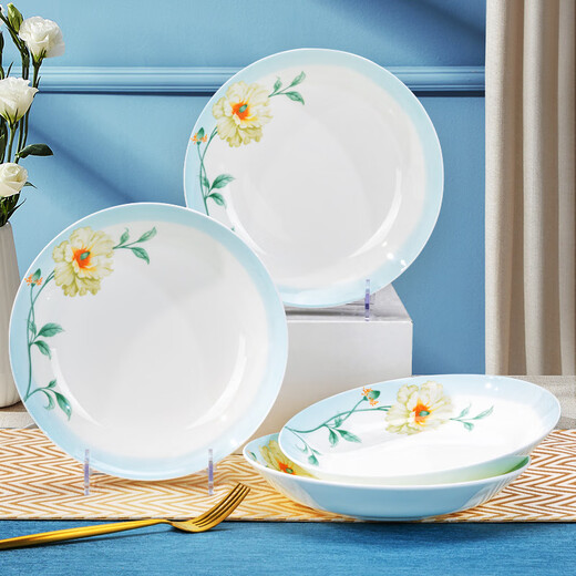 Guoyue Bone porcelain tableware set for home use new Chinese-style bowl and dish set for ceramic bowl and utensils microwave glaze colored bowl and plate combination, simple brocade flower with breakfast cup, gift box set, 62-piece set