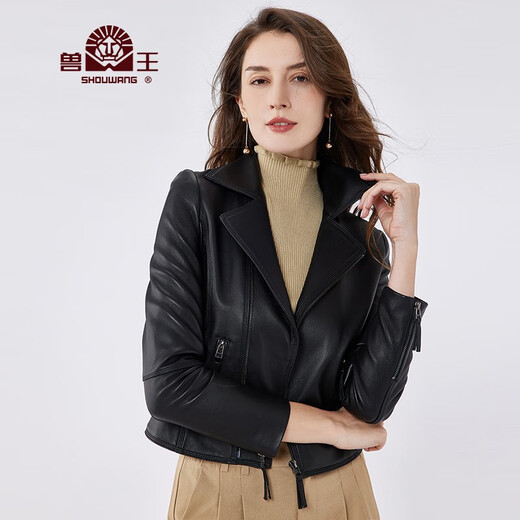 兽王真皮皮衣女 机车款绵羊皮女士皮衣秋冬薄款外套海宁皮衣短款防风 黑色 40