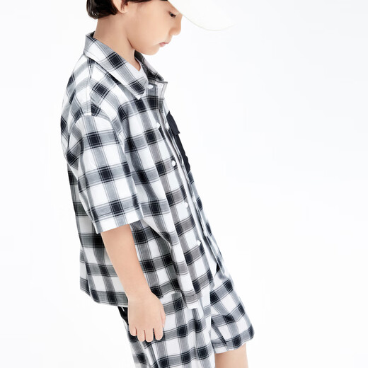 Little MO&Co. Children's summer clothes, boys' plaid short-sleeved shirts, cardigan tops, children's middle and large boys, black and white plaid 120 120/60