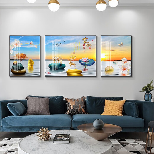 Tongdi Moderne einfache Wohnzimmer Dekoration Malerei Sofa Hintergrund Wandmalerei Gemälde Neue chinesische Stil Glattes Hängsmalhalle Wandmalmalerei 9 Zuhause und Reichtum 15686 Porzellan Diamant Inlay in der Mitte 140*90 Seite 70*90 Gold Rahmen