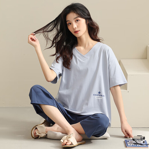 美即莱 2022年新款睡衣女夏季纯棉短袖七分裤套装休闲可外穿全棉家居服 684 L（身高158-167体重100-125）