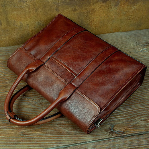 Slow Time Business Genuine Leather Briefcase Trendy Men's Leather Bag Horizontal Shoulder Bag Computer Bag First Layer Cowhide Handbag Document Bag Light Brown Briefcase