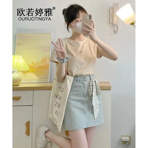 欧若婷雅新款连衣裙女装2025夏季韩版时尚套装女显瘦高腰牛仔裙子女两件装 套装 M