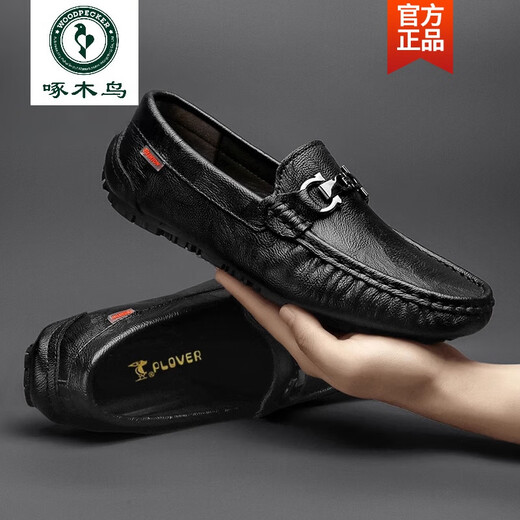 Woodpecker brand men's shoes 2025 summer new youth beanie shoes men's genuine leather British trendy leather shoes men's breathable shoes black metal buckle summer hole 9905 42 feet length 26cm