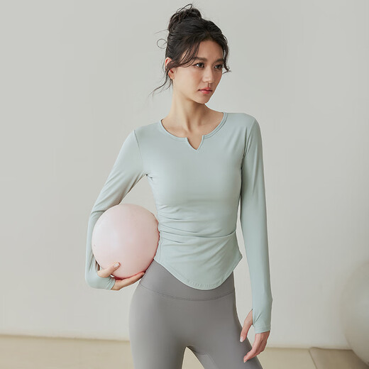 LULULOMDDW high-end yoga wear with chest pads, women's long-sleeved sports tops, slimming running training, Pilates autumn and winter fitness clothes, green S, recommended 85 Jin Jin equal to 0.5 kg or less