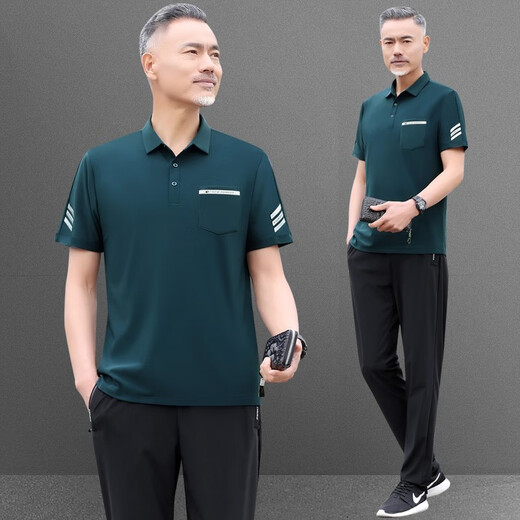 昇域中老年人运动服套装男夏季冰丝短袖长裤休闲中年男士爸爸夏装套装 756款黑色 XL 【建议体重126-140斤】