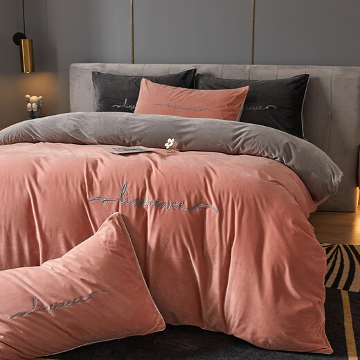Yalu Class A baby milk velvet four-piece set of flannel sheets winter quilt cover coral velvet quilt cover sheet bedding Alluring pink + modern gray Class A standard baby velvet 1.8m sheet style four-piece set quilt cover 2*2.3m