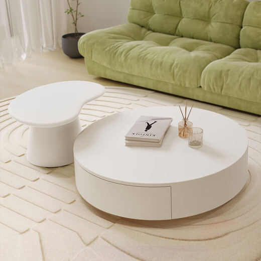 Cream style coffee table Internet celebrity cream style white paint large and small living room home modern simple round coffee table TV cabinet combination 2.4 meters integrated hanging TV cabinet complete