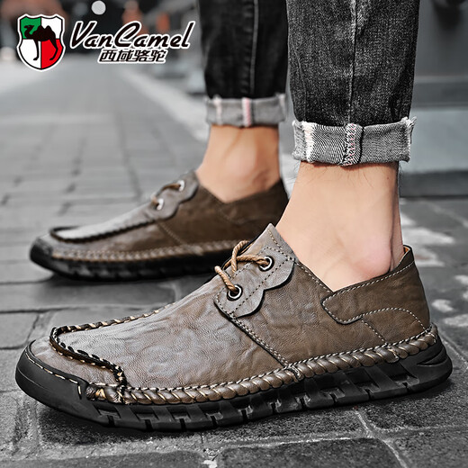 Western Camel (VANCAMEL) large leather shoes for men, soft sole, soft surface, genuine leather men's shoes, thick sole, wide head dad shoes, business casual shoes for men, khaki/lace-up 38 240