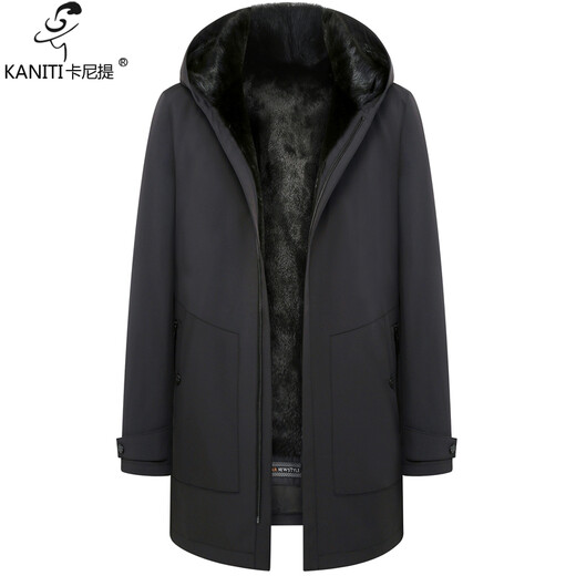 Caniti mink lining men's coat real mink fur one-piece mid-length hooded parka with rex rabbit sleeves middle-aged dad style black XL