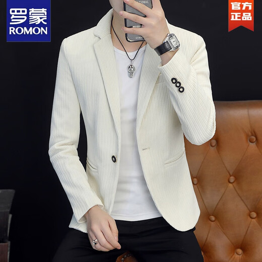 ROMON corduroy suit men's handsome high-end spring and autumn single suit jacket slim and casual spring and autumn velvet thickened small suit off-white 185 3XL
