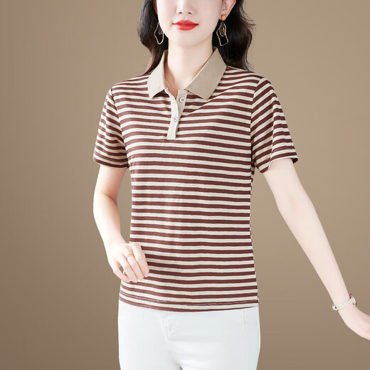 Kesimiao Light Luxury Marke Frauen kurzärmeliges T-Shirt für Frauen 2025 Sommer Neues Streifenpolo-Hemdtemperament Lose Top Trendy Khaki L (100jin [Jin entspricht 0,5 kg] -110jin [Jin gleich 0,5 kg]))