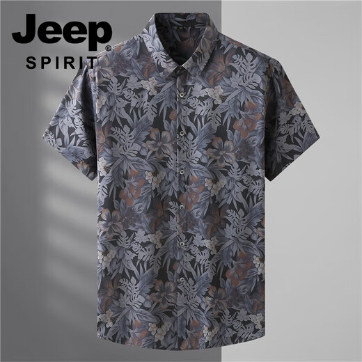 JEEP SPIRIT夏季2024新款欧美大码男装短袖衬衫男士胖子花衬衣特大码冰丝上衣 9207黑色 10XL 225350-350斤