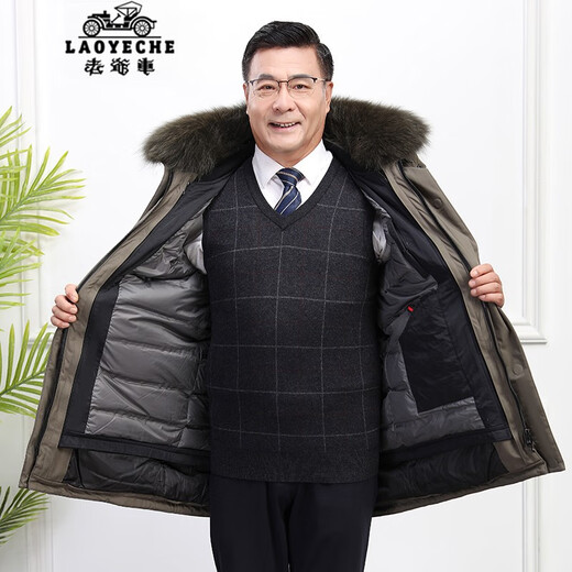 Classic car, middle-aged and elderly down jacket men's winter men's lively mid-length thickened dad winter coat with removable liner grandpa cold-proof and warm duck down jacket with fur collar-black 2XL/185