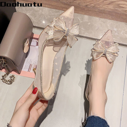 Daohuatu rhinestone bow high heels women's stiletto heels 2021 summer new versatile lace pointed crystal single shoes wedding shoes mesh black upgraded version 5 cm 35 standard size