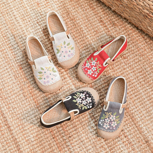 Juans Silk Spring -Baumwoll- und Leinen literarische elegante alte Peking -Stoffschuhe Frauen flache Single -Schuhe Nationale Stil Stickelschuhe Alte Style Fischerschuhe Hanffarbe 39