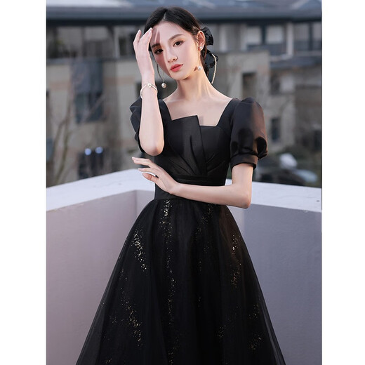 Seidlers schwarzes Abendkleid für Frauen Banketttemperament leichte Luxus Nische High-End-Geburtstag Erwachsenen Geschenkkleid Schwarz S (Empfohlen 86-95 Jin [Jin gleich 0,5 kg])