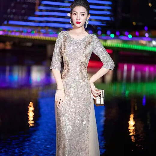 HKPK Banquet Evening Dress Женское высококачественное подарки для взрослых Light Light Luxury Dress Nice High-end Perfin Chorus Performance Длина шампанского серебристого 5xl Одиночное размер