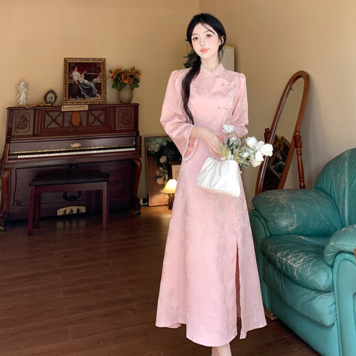 Zhi Li Guan Improved Flag New Chinese Style Light National Style Long Sleeve Dress Women's 2024 Autumn and Winter New Young Temperament Robe Daily Wear Pink Large Size XL