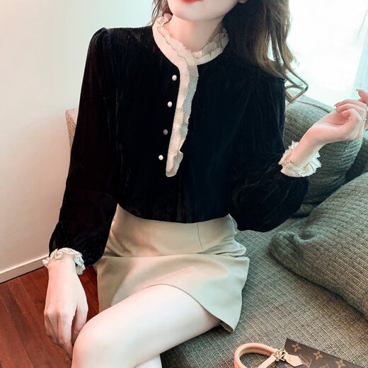 Pierre Cardin Autumn and Winter Thickened Gold Velvet Top Women's New Fashion Stand-up Collar Lace Shirt Bottoming Black Shirt Black 5XL 170-185Jin Jin is equal to 0.5 kg